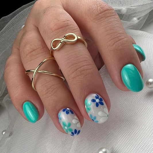 The Visual Shine Short Round Blue Floral Press On Nails