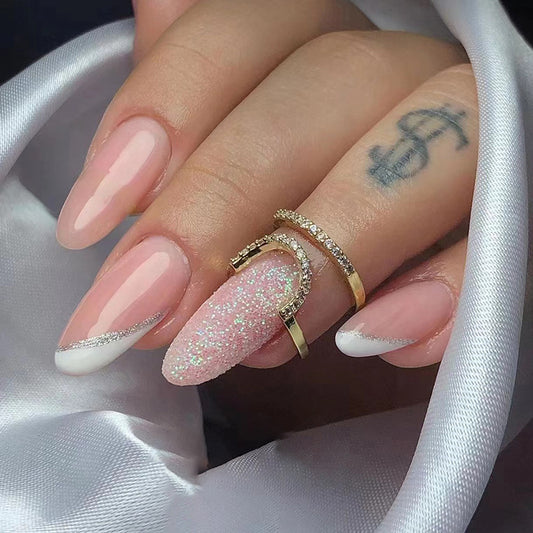 Interacting With You Long Almond Pink Glitter Press On Nails