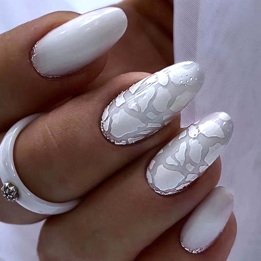 Heightened Sense Long Almond White Marble Press On Nails