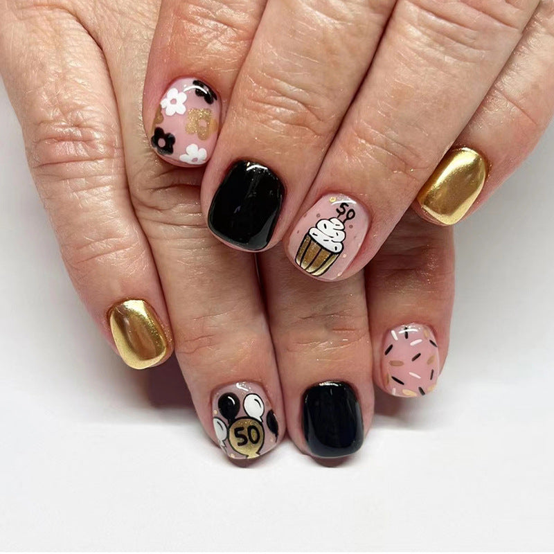 Turning 50 Years Young Short Squoval Black Glam Press On Nails