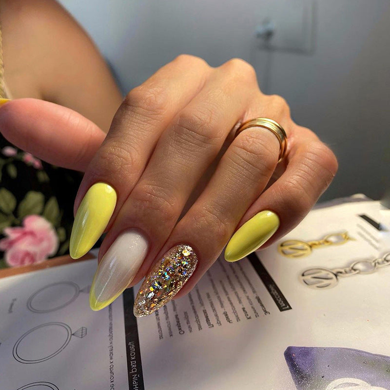 Cemeted In Beauty Long Almond Yellow Glam Press On Nails