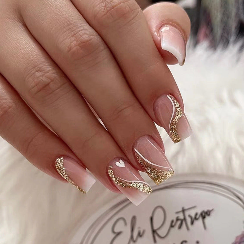 Date Night Glam Long Square Gold Glitter Press On Nails