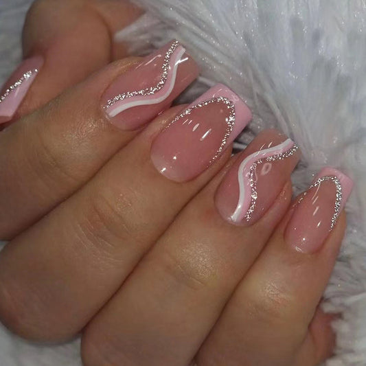 Giggling And Blushing Medium Square Pink Glitter Press On Nails