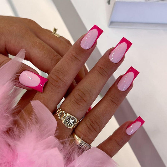 Immersive Experiencee Medium Square Pink French Tips Press On Nails