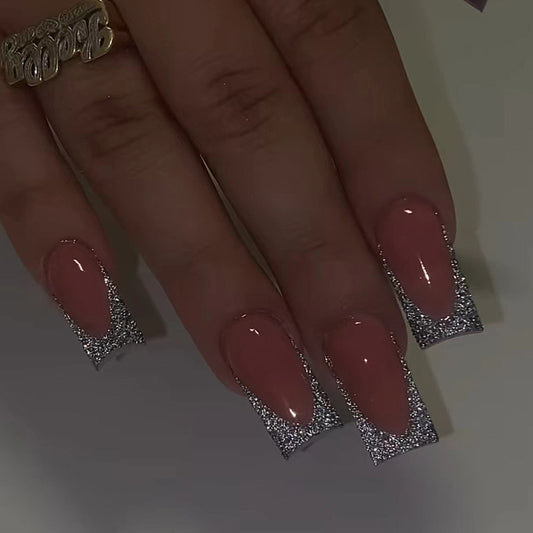 Battle It Out Long Square Silver Glitter Press On Nails