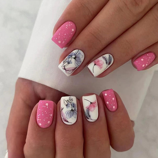 Get Matched Short Square Pink Floral Press On Nails