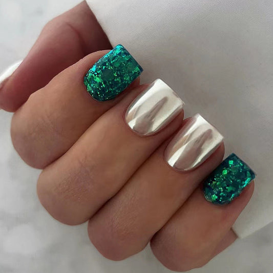 Possibly Fun Short Square Green Glitter Press On Nails