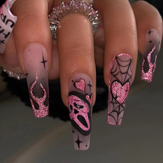 Scream Queen Long Coffin Pink Halloween Press On Nails