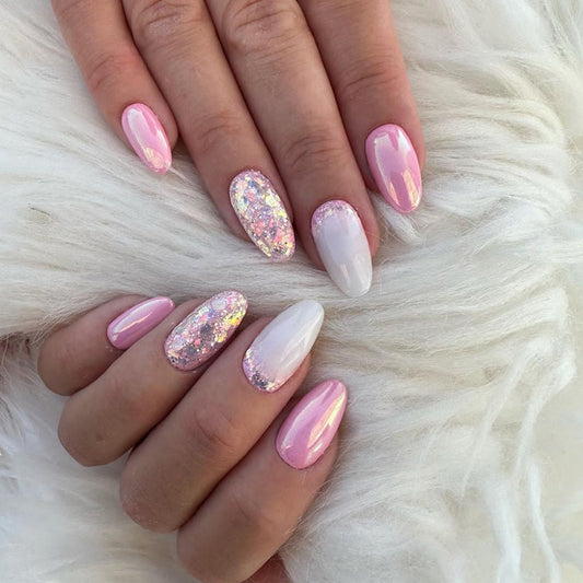 Smart And Lovely Medium Oval Pink Glitter Press On Nails