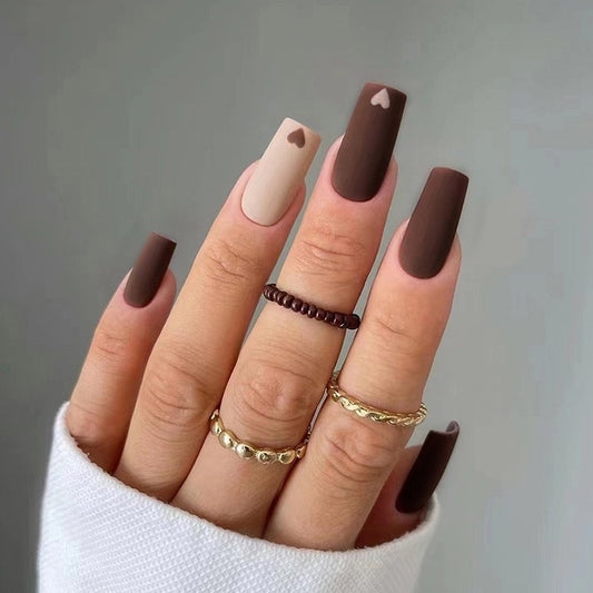 Nice And Sweet Long Square Brown Hearts Press On Nails