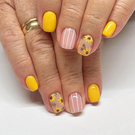 Smiling Sunshine Short Square Yellow Spring Press On Nails