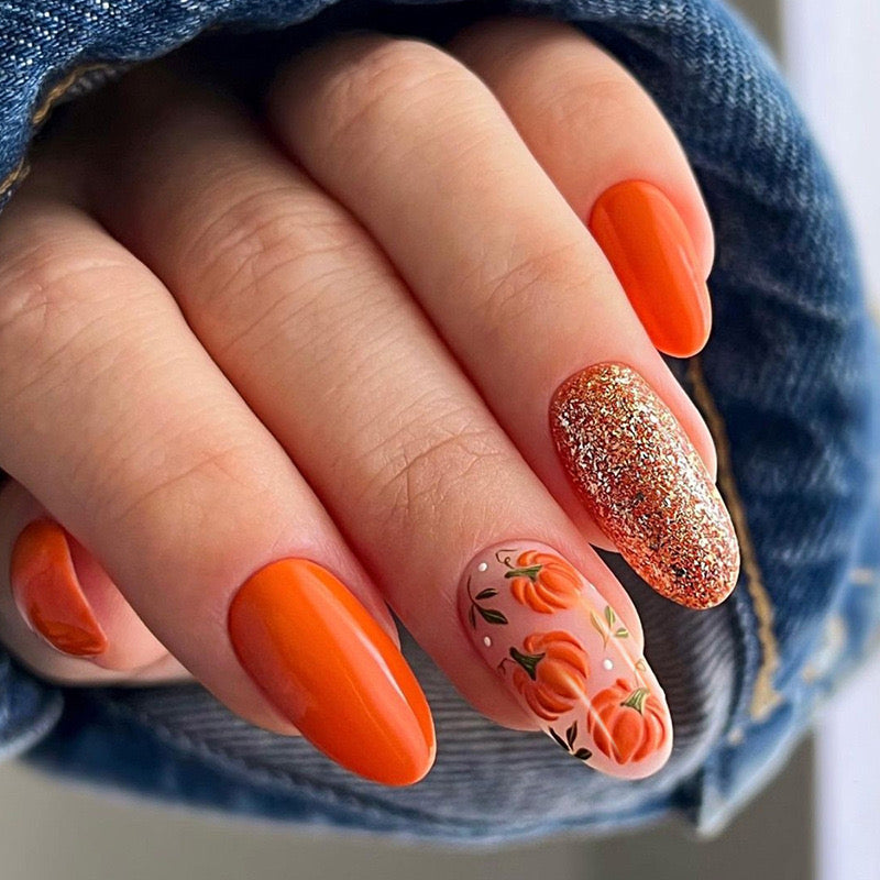 Autumn Harvest Medium Oval Tangerine Press On Nails with Glitter Accent and Floral Art