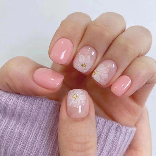 Spring Blossom Short Squoval Baby Pink Press On Nails with Delicate Floral Detailing