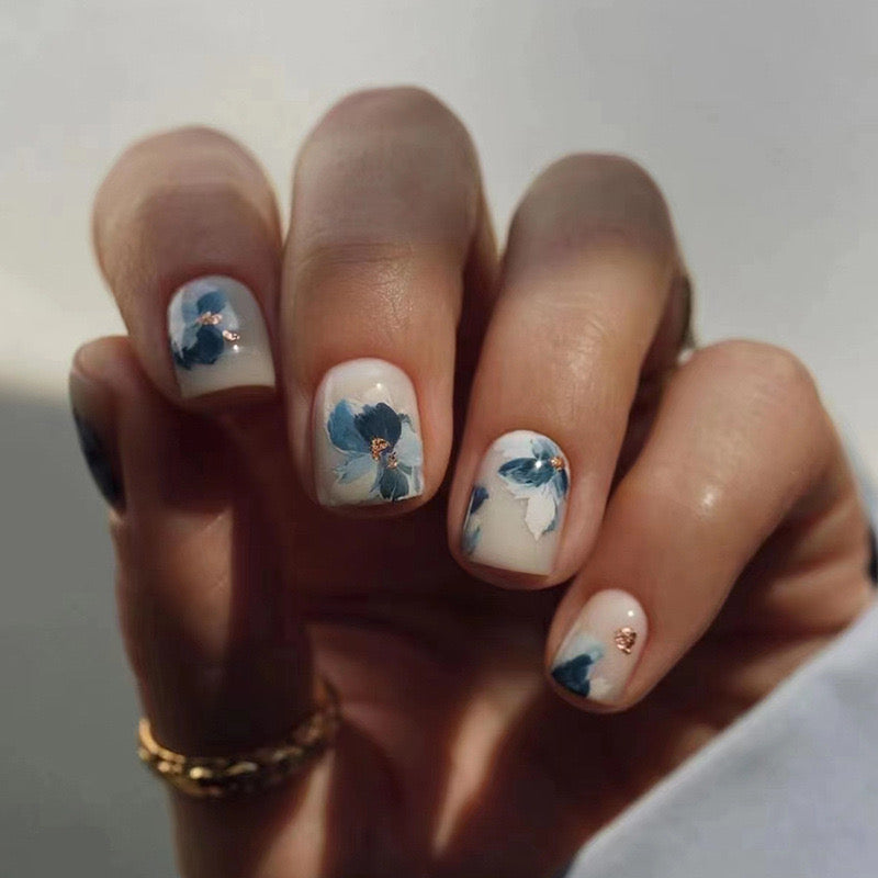 Serene Floral Short Square Press-On Nails with Blue Flower Accents and Rhinestone Embellishments