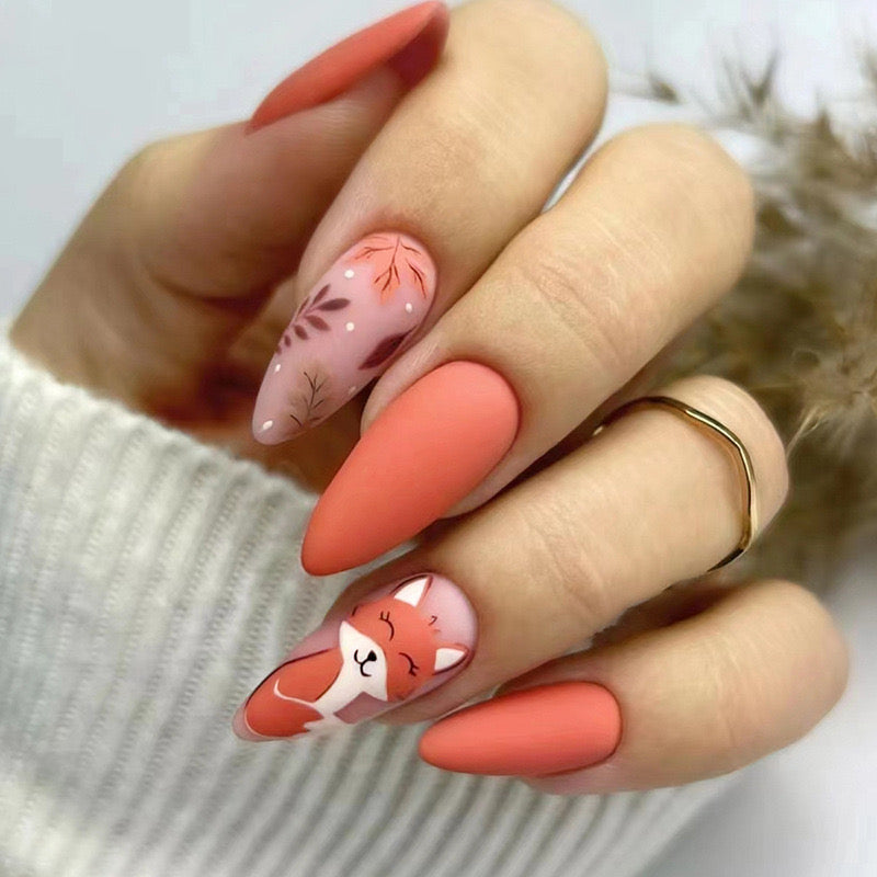 Playful Whimsy Medium Stiletto Coral Press-On Nails with Floral Accents and Adorable Fox Feature