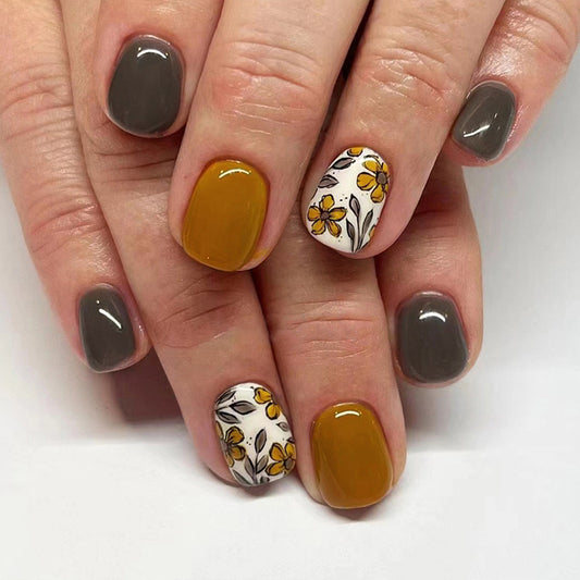 Autumn Harvest Short Squoval Press-On Nails in Mustard Yellow, Taupe Grey, and Floral Art Design