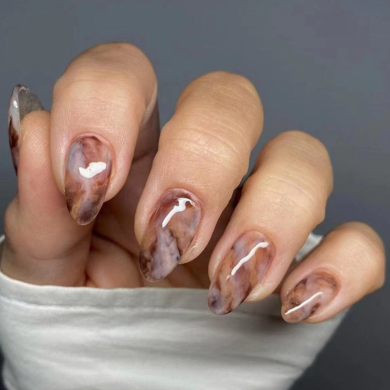 Sophisticated Medium Almond Earth Tone Swirl Press-On Nails with Glossy Finish