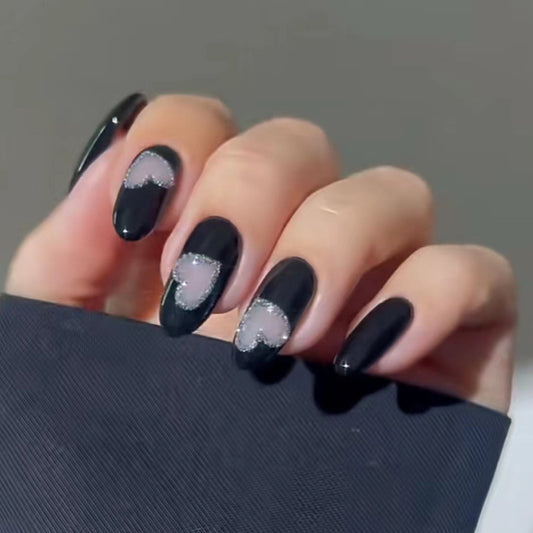 Mystic Night Medium Oval Black Press On Nail Set with Silver Lace Detail