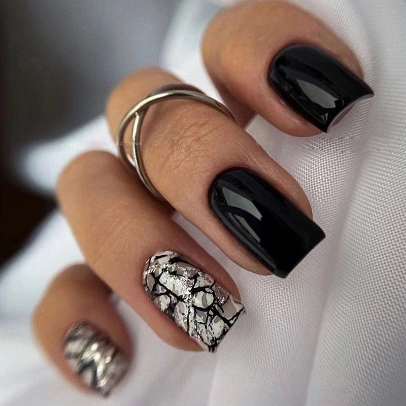 Elegant Midnight Chic Medium Square Black Press On Nails with Silver Foil Accent