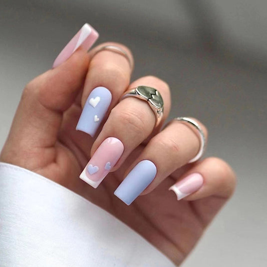 Enchanted Romance Long Square Pastel Pink and Blue Press on Nail Set with Love Heart Accents