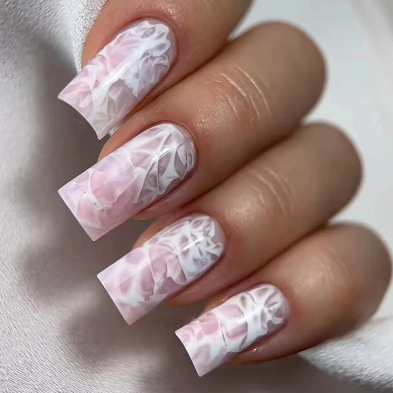 Ethereal Elegance Extra Long Square Pink Marble Press On Nail Set with Abstract Design