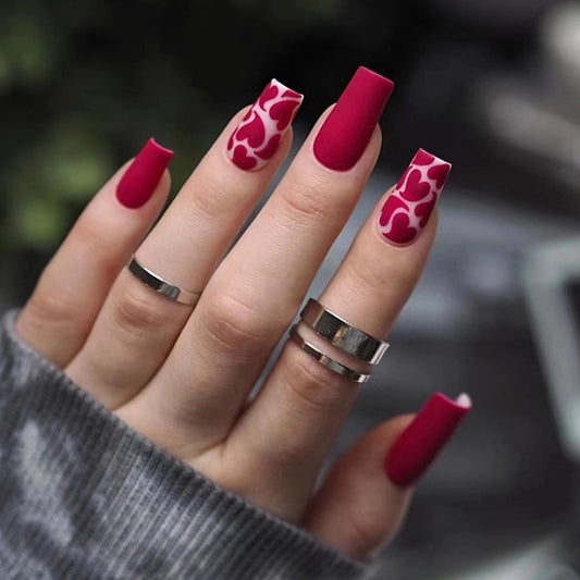 Enchanting Romance Long Square Burgundy Press On Nails with Heart Accents