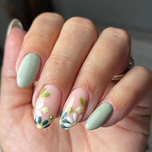 Botanical Bliss Short Oval Sage Green Press On Nail Set with Floral Art Design