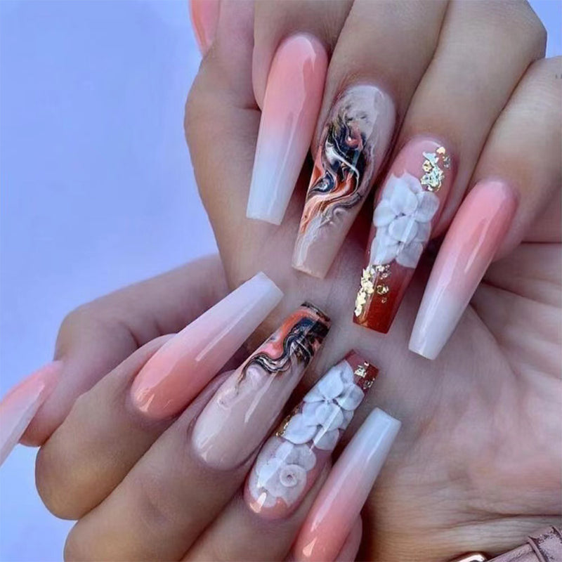 Baroque Romance Extra Long Coffin Ombre Press On Nail Set with Marble and Floral Embellishments