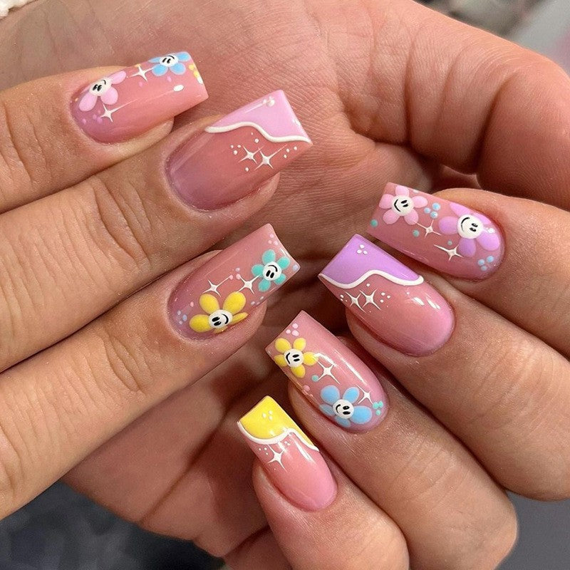 Enchanted Garden Medium Square Pink Press On Nail Set with Cute Insect Designs and Pastel Accents