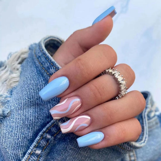 Spring Breeze Medium Coffin Baby Blue and Wavy Pink Accent Press On Nail Set