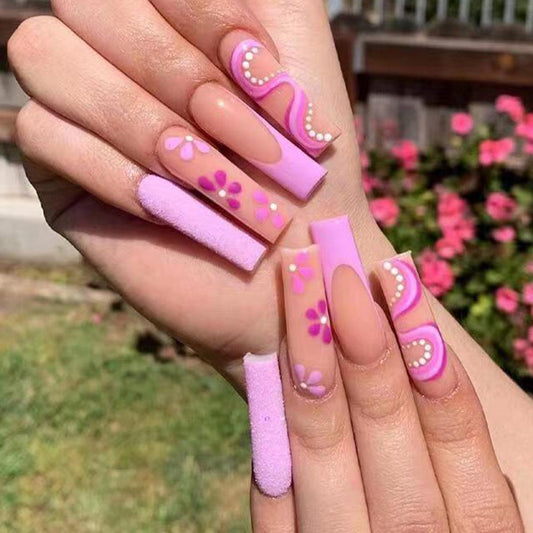 Blossom Fest Extra Long Coffin Lavender and Floral Design Press On Nail Set