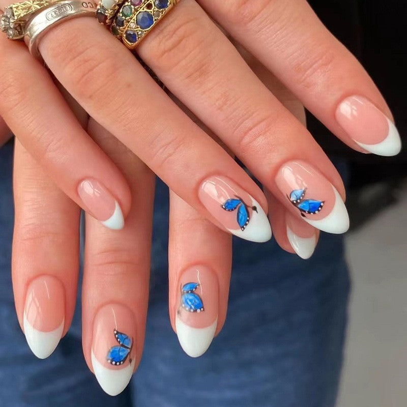 Enchanted Garden Short Almond Beige and White French Tip with Blue Butterfly Accents Press On Nail Set