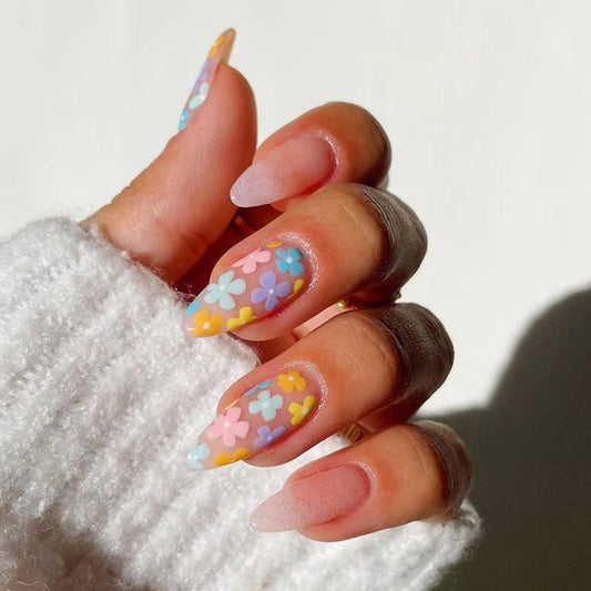 Working It Off Medium Almond Multicolor Floral Press On Nails