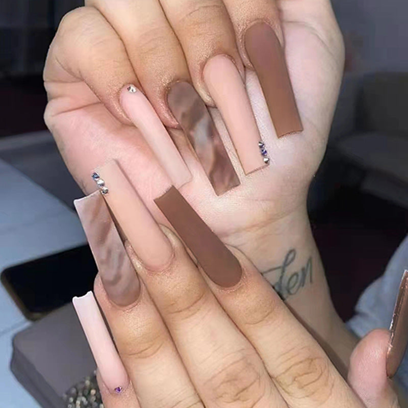 Overwhelming Powerful Long Square Brown Bold Press On Nails