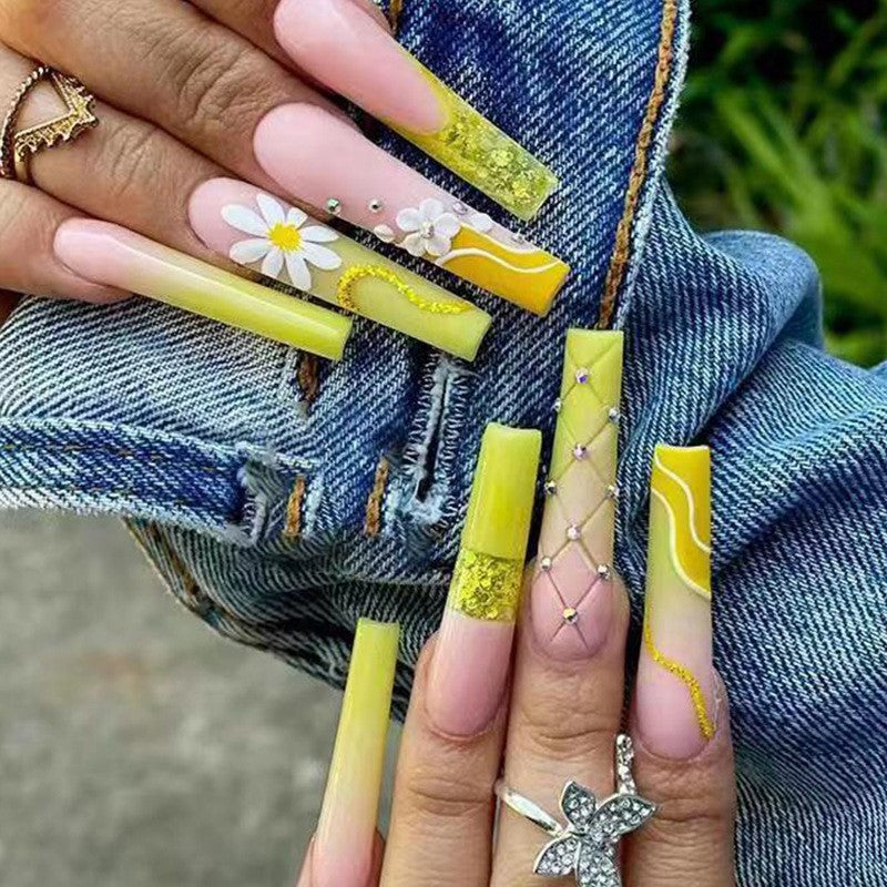 Daisy Delight Extra Long Square Lemon Yellow with Glitter and Floral Art Press On Nail Set