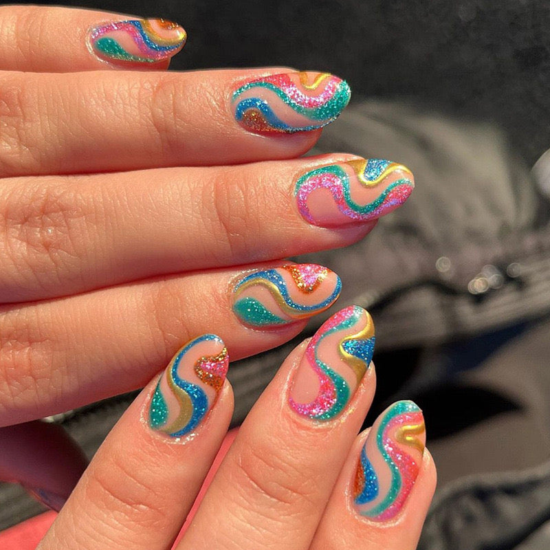 Supercloud Short Oval Multicolor Marble Press On Nails