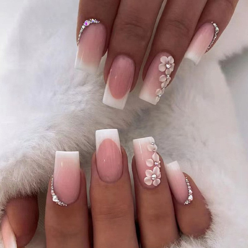 Bridal Bliss Medium Coffin Press-On Nail Set, French Ombre with Pink Blush and 3D Floral Embellishments