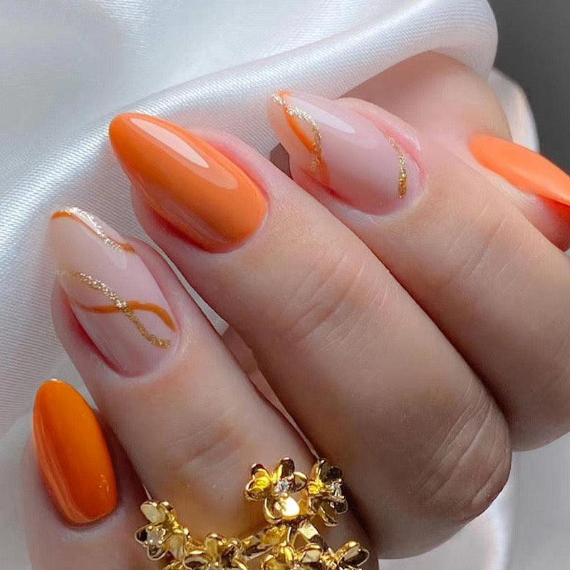 Fix It Short Almond Orange Marble Press On Nails