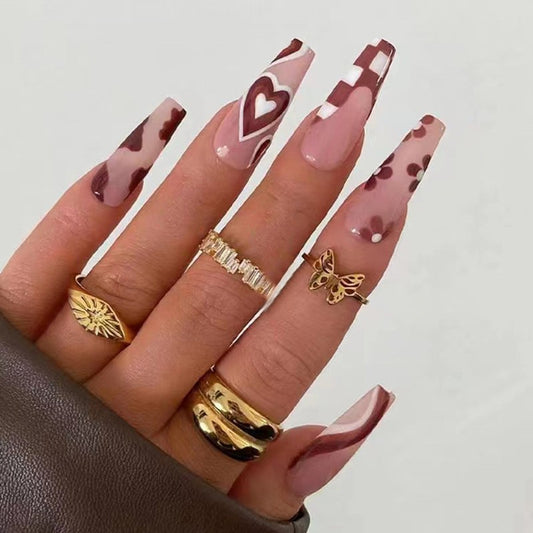 Romantic Rendezvous Long Coffin Press on Nail Set in Beige and Burgundy with Heart and Polka Dot Accents