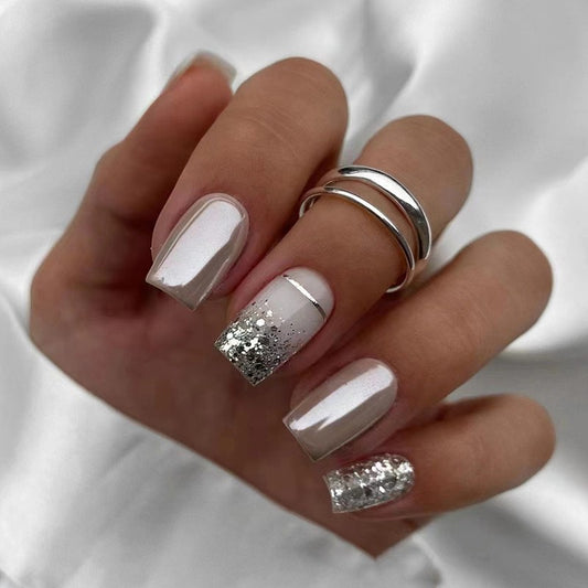 Doesn't Deserve Me Medium Square Silver Glitter Press On Nails