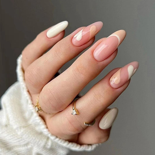 Activated Long Oval Beige Hearts Press On Nails