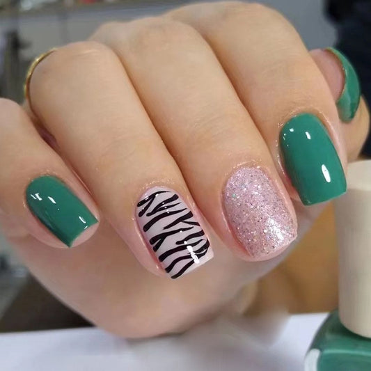 Follow Me Short Square Green Animal Pattern Press On Nails