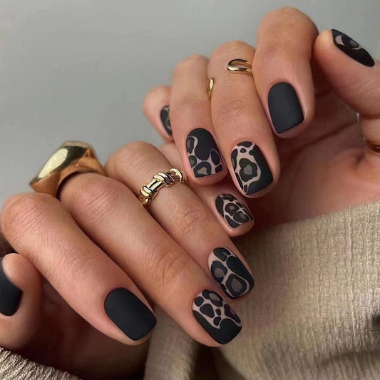 Playing With Large Cats Short Squoval Black Leopard Press On Nails