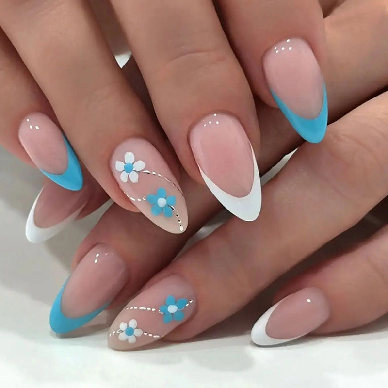 Everyday Is Sweet Short Almond Blue Floral Press On Nails