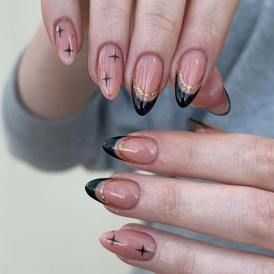 La Musica Short Almond Black French Tips Press On Nails