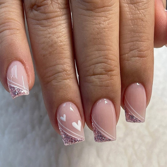 Reflected Hearts Medium Square Pink Glitter Press On Nails