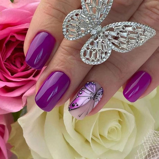 Alright Team Short Squoval Purple Butterfly Press On Nails