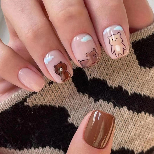 Passing Bears Short Squoval Brown Cartoon Press On Nails