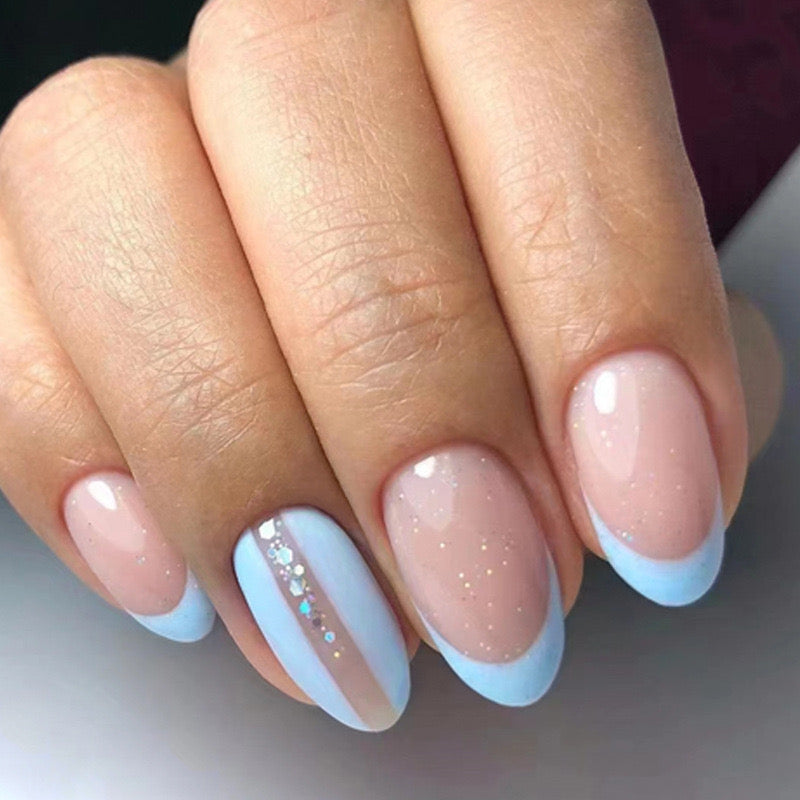 Deal With It Short Oval Blue French Tips Press On Nails