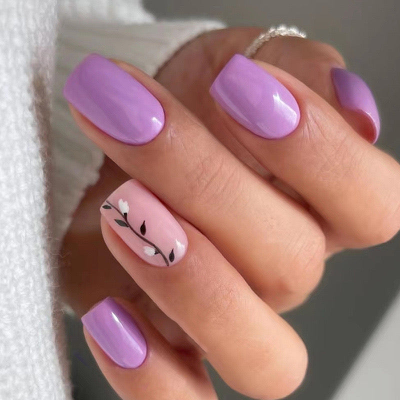 Earning It Short Square Purple Floral Press On Nails